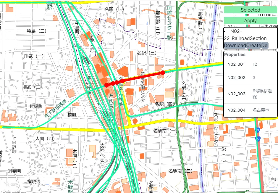 GeoEditorで名古屋駅周辺のデータを編集している様子。