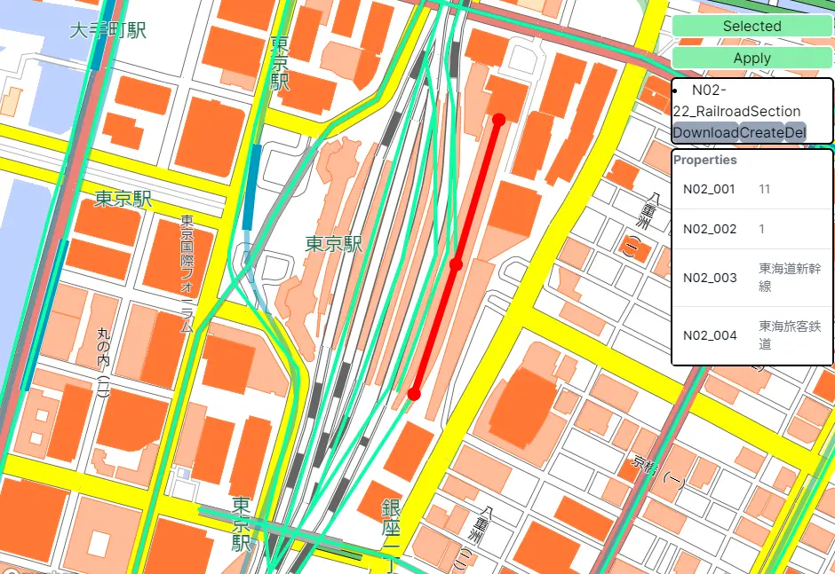 GeoEditorで東京駅周辺のデータを編集している様子。